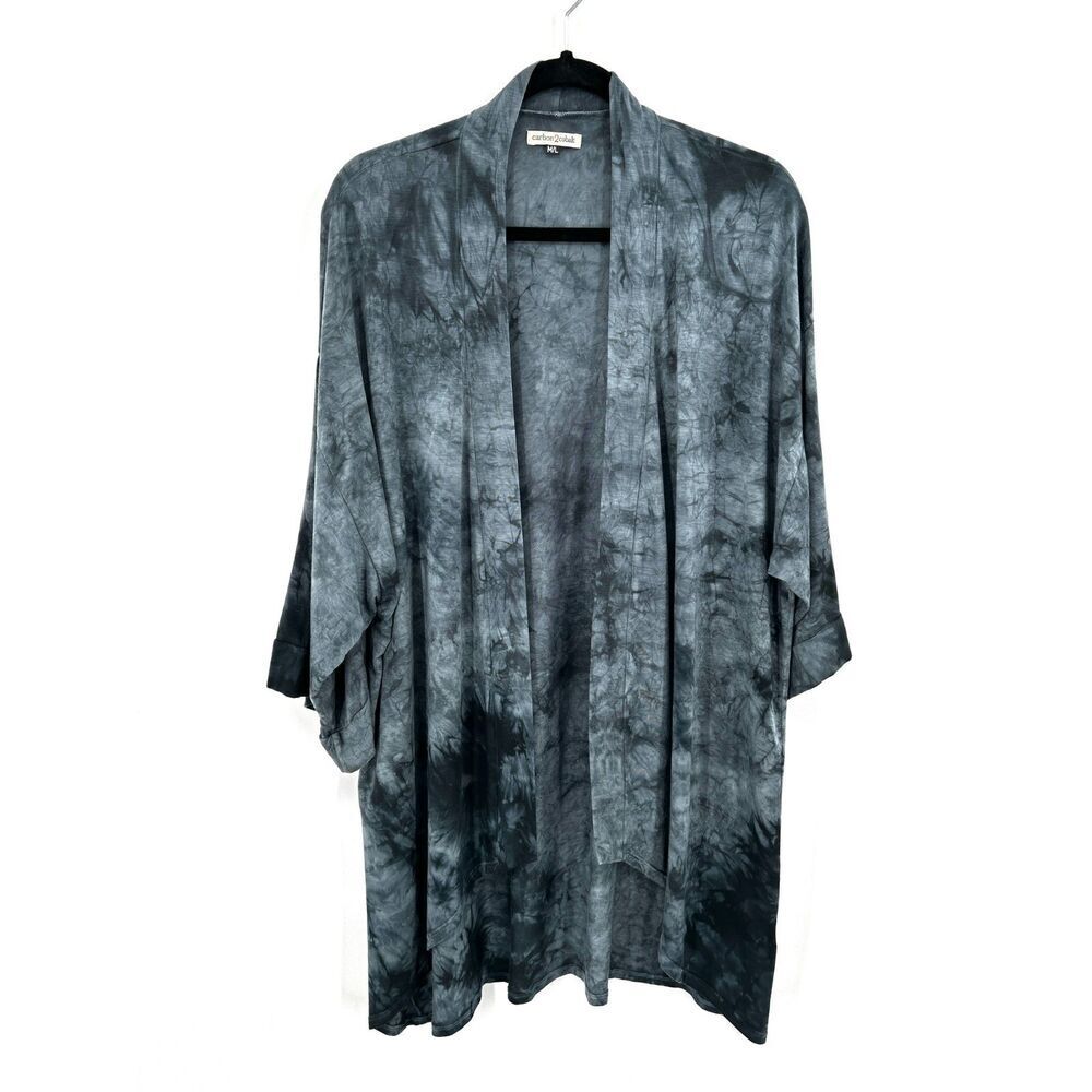 CARBON2COBALT Women's Blue Black Tie Dye Wide Sleeve Kimono Long Cardigan M / L